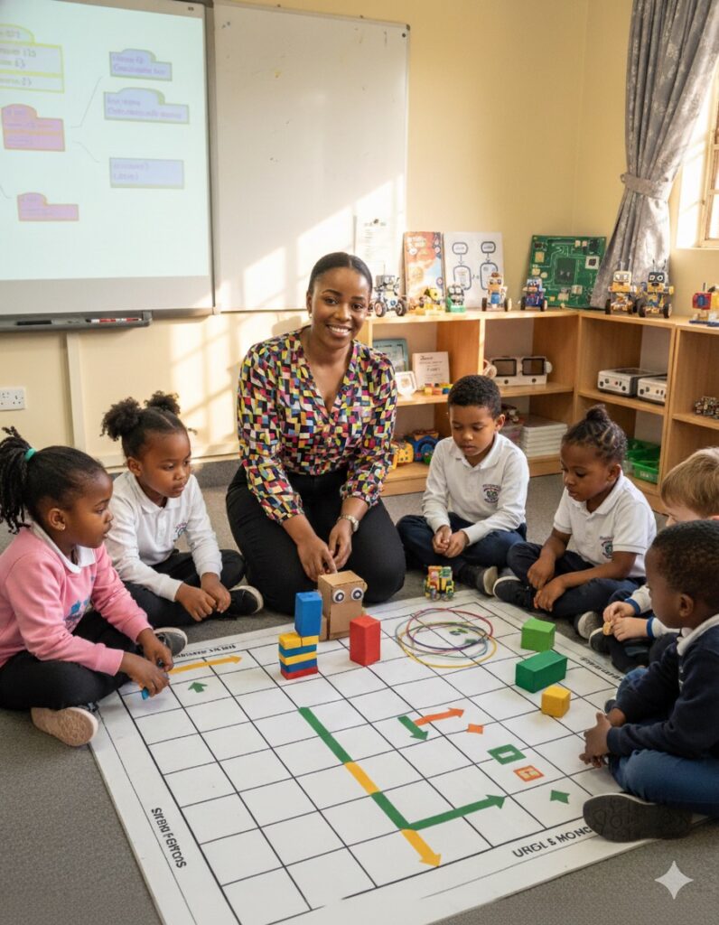Teacher with learners engaging in unplugged coding
