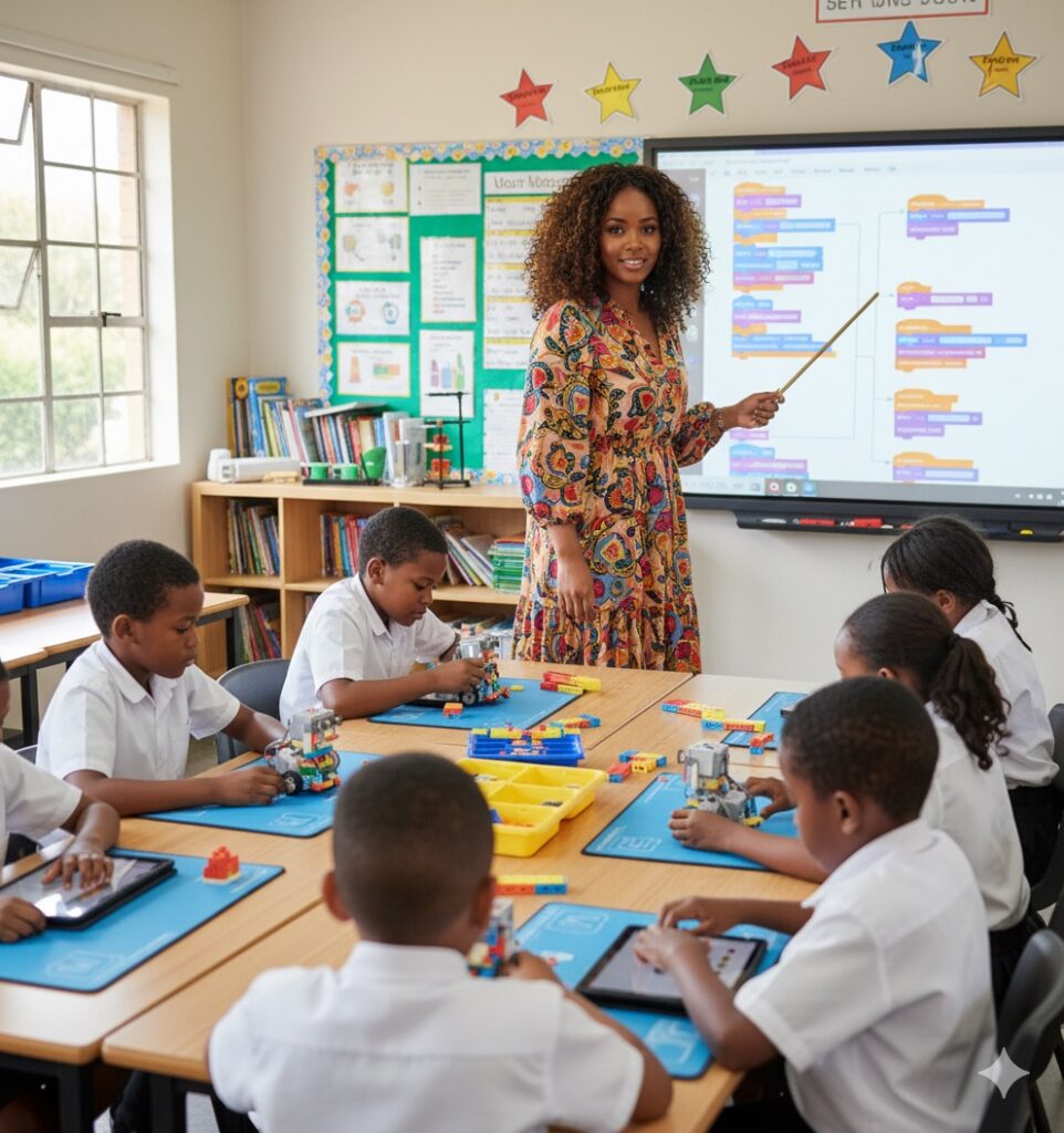 Foundation phase teacher and learners in a classroom learning coding and robotics
