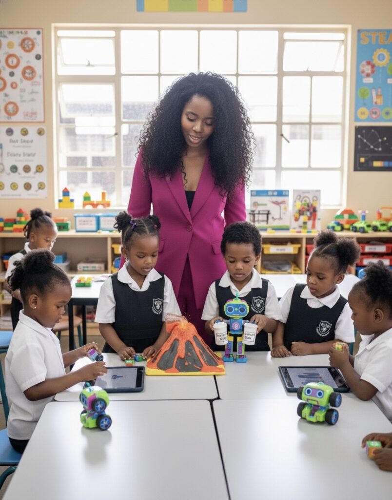 Teacher with learners exploring volcanos and robots on what is science learning