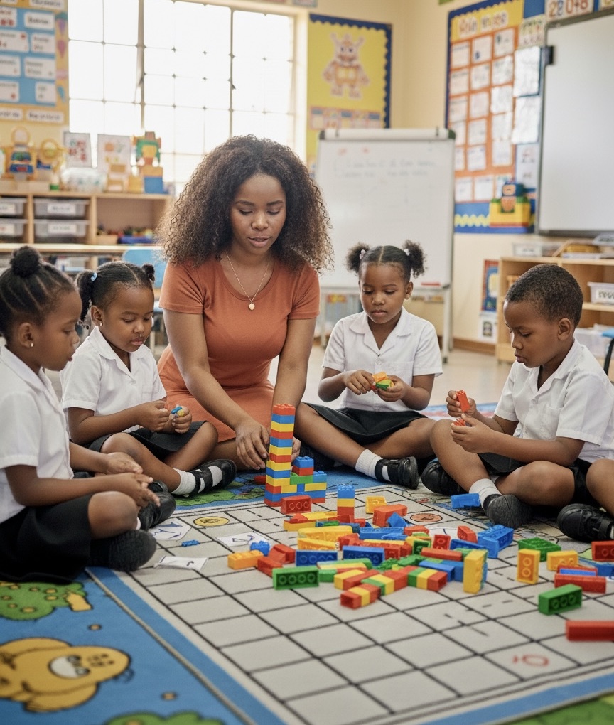 Teacher with learners doing grade R unplugged coding using lego blocks